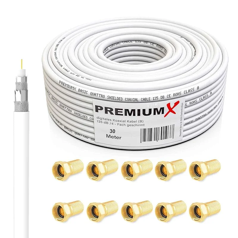 PremiumX BASIC Kabel koaksial 30m - Utmärkt mottagning med en fyrlagers aluminiumskärm på 135 dB - Kompatibel med DVB-S, S2, DVB-C, DVB-T, BK-installationer - Inkluderar 10 F-kontakter — TV och streaming