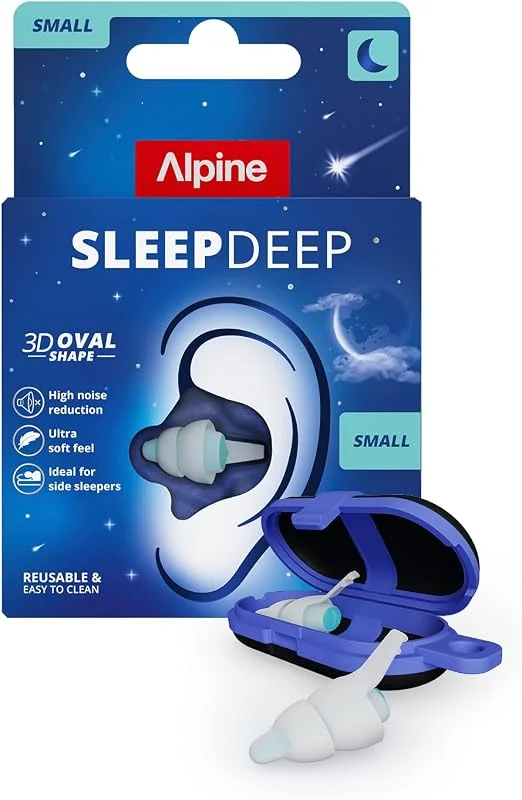 Alpine SleepDeep Öronproppar för sömn, ny 3D oval form, supermjuka, återanvändbara, brusreducerande öronproppar, 27 dB brusreducering, perfekt för sidosovare samt för att blockera snarkningar (S) — Hörlurar och ljud