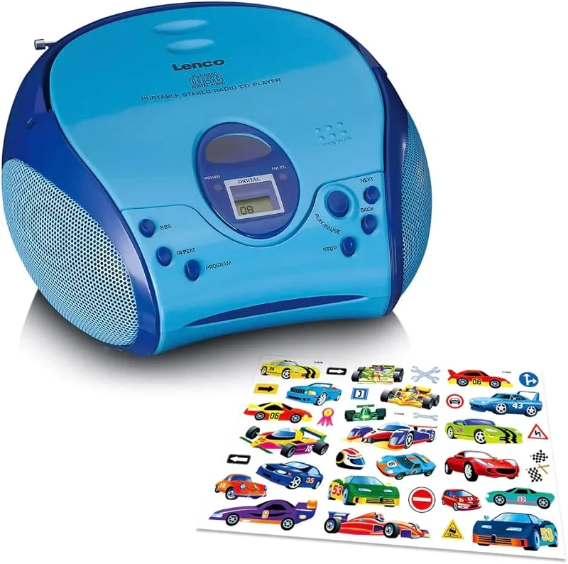 Lenco A004467 SCD-24 Kids – CD-spelare för barn – CD-radio – med klistermärken – boombox – FM-radiotuner – titelminne – 2 x 1, 5 W RMS-effekt – nät- och batteridrift – blå — Portabel digital och ljud