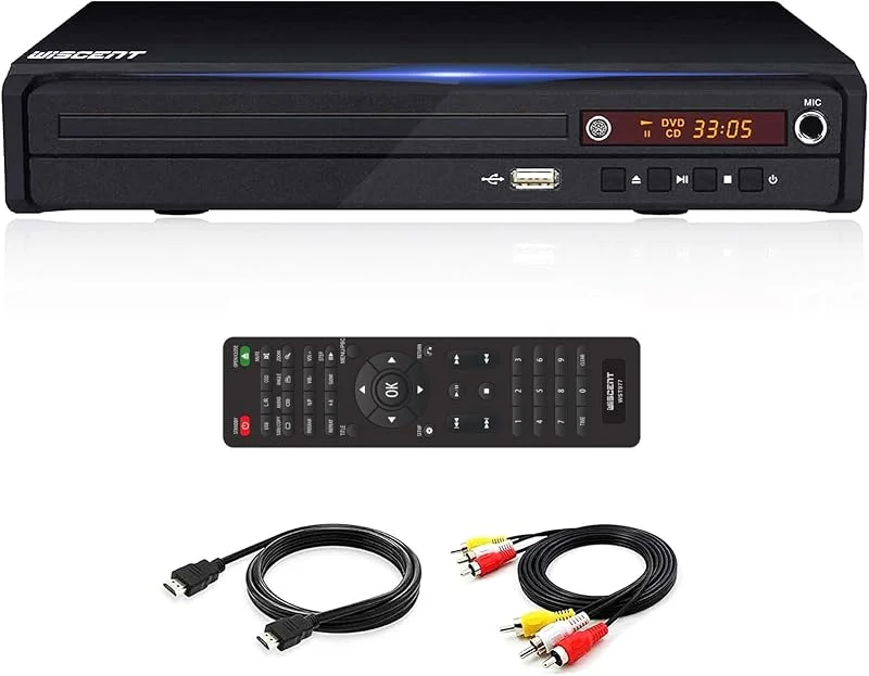 WISCENT DVD-spelare för TV, DVD, CD, MP3 med USB-kontakt, HDMI- och AV-utgång (HDMI och AV-kabel ingår), fjärrkontroll (utan Blu-Ray) — Portabel digital och ljud