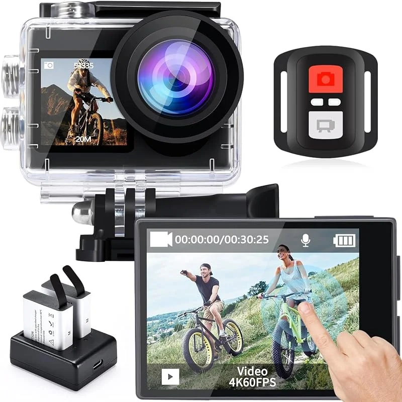 icefox Action Cam 4K 60 fps 20 MP, WiFi undervattenskamera 170° ultravidvinkel full HD med EIS, 4XZoom, appsupport video och fotredigering, vattentät actionkameror fjärrkontroll — Portabel digital och ljud
