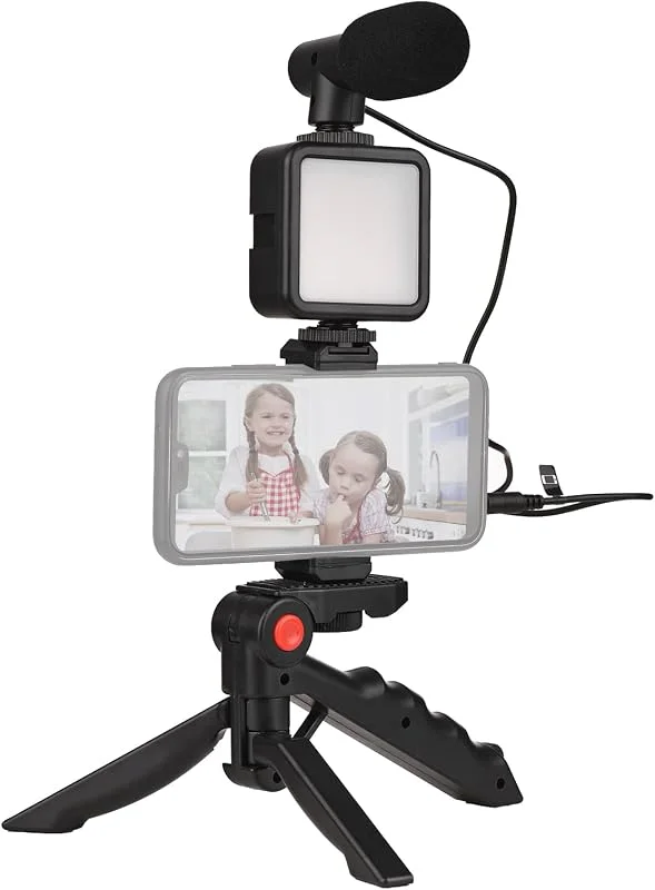 Smartphone Vlog Mini LED Video Light + Kardioid mikrofon + utdragbar telefonklämma + stativ med justerbar ljusstyrka för live stream-vloggning, videoinspelning, selfie-konferens — Mobil och surfplatta