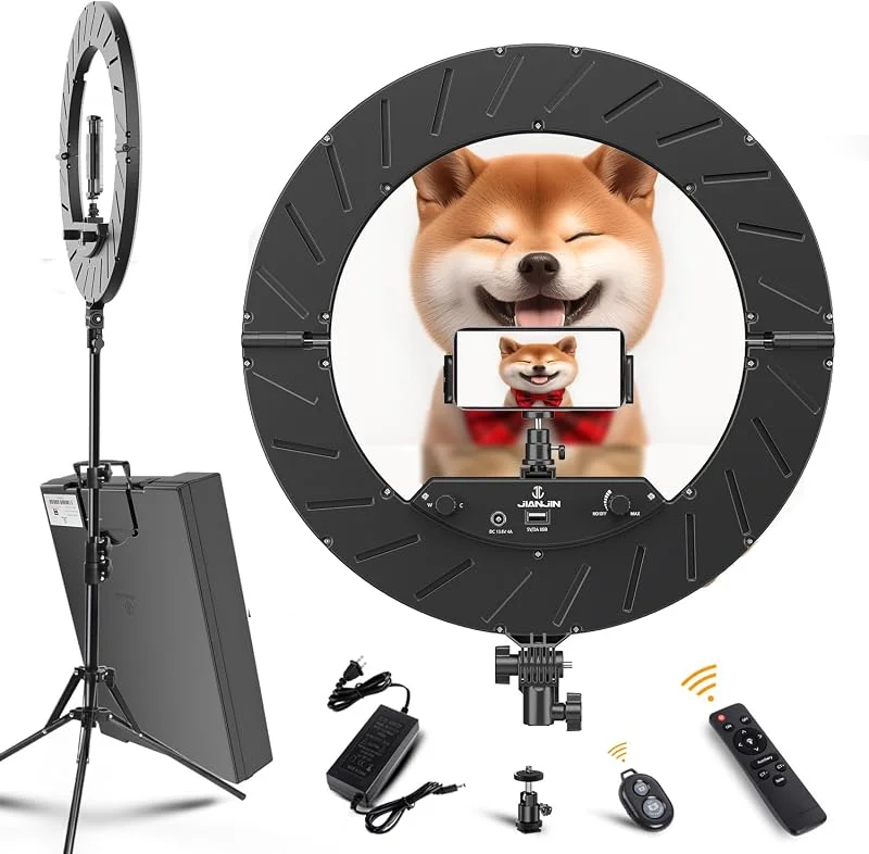 ringljus-set: 45, 7 cm (18 tum) yttre 11, 8 tum inre 55W6700K dimbar LED-ljus, stativstativ, fjärrkontroll, box för kamera, smartphone, YouTube, TikTok, CRI90, svart — Mobil och surfplatta