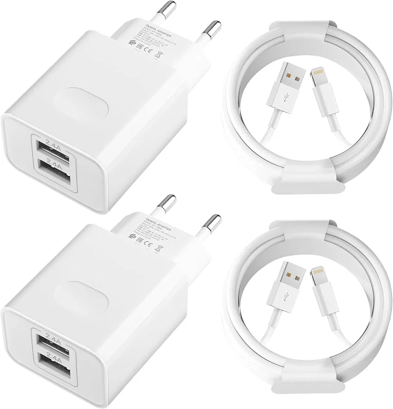 [Apple MFi-Certifierad] 2-Pack 12W USB-Laddare, 5V, 2, 4A 2-Ports Strömadapter USB-Kontakt med Laddningskabel 1, 5M USB Lightning-Kabel för iPhone 14, 13, 12, 11 Pro, XS, XR, SE, X, 8, 7 Plus, 6, iPad — Mobil och surfplatta