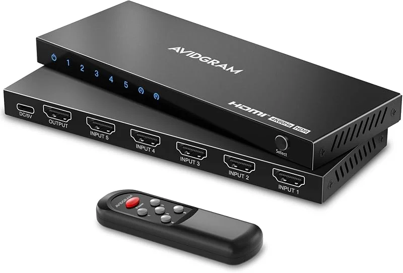 HDMI Switch 4K 60Hz, AVIDGRAM HDMI 2.0 Switcher 5 In 1 Out, 5 Port HDMI Selector Box med IR-fjärrkontroll stöd HDCP 2.2 HDR10 3D 18Gbps, Kompatibel med Xbox, PS4, HDTV, Monitor — TV och streaming