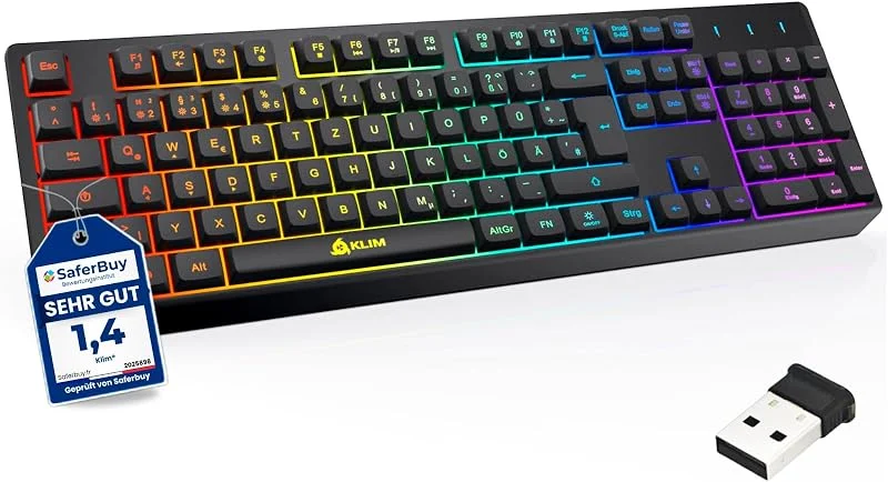 KLIM Chroma Wireless Gaming Tangentbord Trådlöst Qwertz Tyutsch + Hållbar, Ergonomisk, Vattentät, Tyst + Rgb Trådlös Tangentbord Gaming för PC PS4, Mac + Ny 2020-Version +, Svart — Datortillbehör