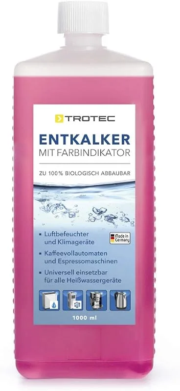 TROTEC 1 000 ml kvalitativ flytande avkalkningsmedel med praktisk färgindikator för avfuktare, luftfuktare, luftkonditioneringsapparater, helautomatiska kaffemaskiner — Hushållselektronik