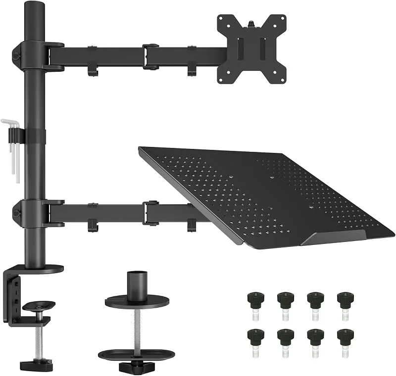 BONTEC Bildskärms- och Laptopstativ för 13–27 tum skärmar och upp till 17 tum laptops, Fullt Justerbart Monitorstativ med VESA 75, 100 mm, Ergonomisk Höj- och Sänkbar Skärmhållare, Max 10 kg per Arm — Datortillbehör