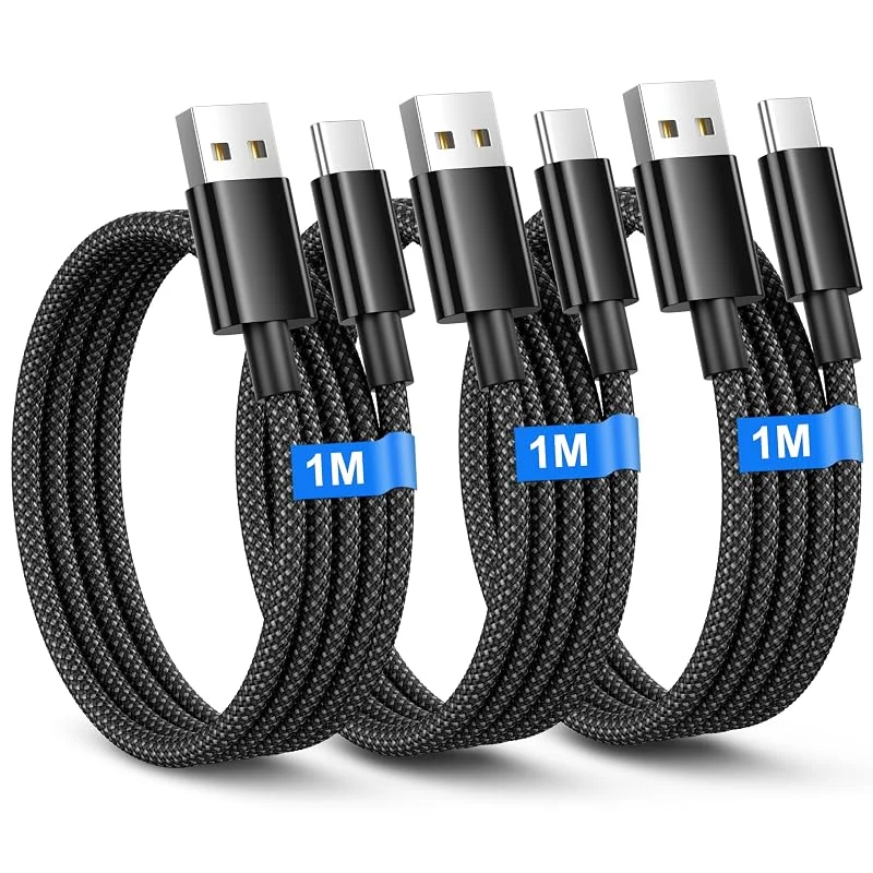 USB C Charger Cable 1M 3Pack, USB A to USB C Cable for Samsung Galaxy S25, S24, S23, S22, S21, A35, A34 A56, A55, A12, A20e, A40, A51, A70, Huawei P30, Google Pixel, Type C Charger Fast Charging Lead Nylon Braided — Mobil och surfplatta