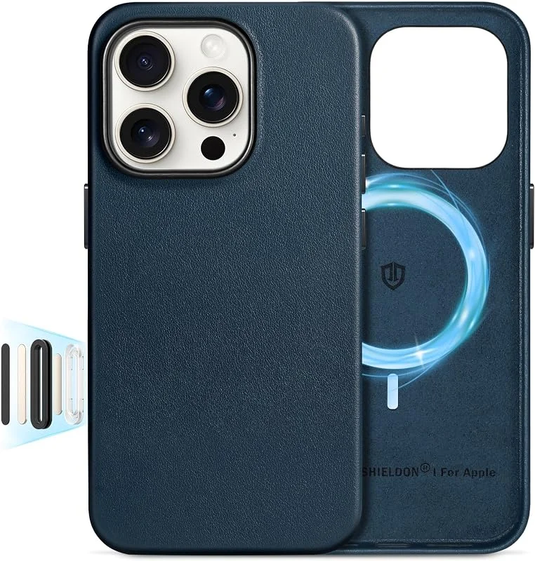 SHIELDON läderfodral för iPhone 16 Pro 6, 3" 5G 2024, marinblå — Mobil och surfplatta