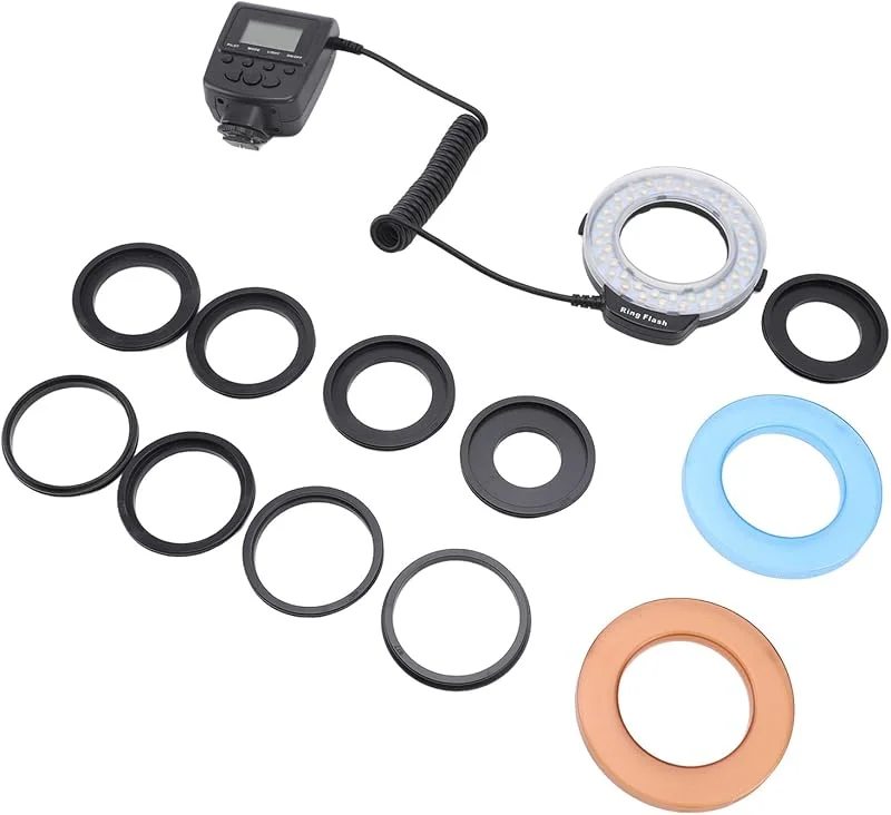 48 MACRO LED RING Light 48-LED MACRO RING Flash Light with LCD Display 7 Brightness Nivåer 4 Flash-lägen 9 Adapterringar för DSLR-kameror — Mobil och surfplatta