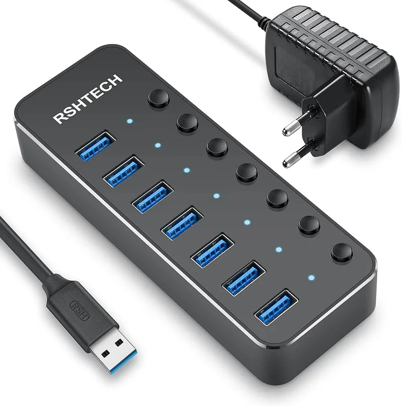 RSHTECH10W Powered USB 3.0 Hub 7-Port Aluminium USB 3.0 Hub för dataöverföring med 5V, 2A Stroemförsörjning Individuella och LED-indikatorer för MacBook, Mac OS, Windows, XP, Linux (RSH-518） — Laddning och kablar