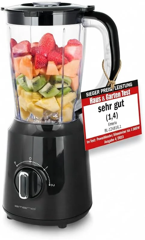 Emerio Blender BPA-fri krossad is-funktion 1, 5 l behållare 2 hastigheter pulsfunktion knivenhet av rostfritt stål säkerhetsbrytare diskmaskinssäker 500 watt BL-12816.8 svart — Kök & Hushåll