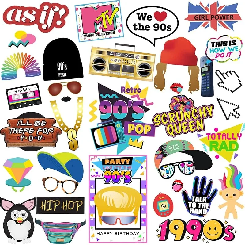 90-tal fotobås rekvisita, BizoeRade 36 st festfotobås kit 1990-tals hiphop foto poseringsrekvisita 90-tals festtema dekoration tillbehör — Hörlurar och ljud