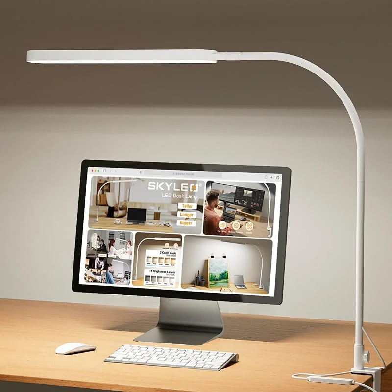 SKYLEO Skrivbordslampa - LED Bordslampa - 5 Färglägen X 11 Ljusstyrkenivåer - 1300LM - Timmer & Minnesfunktion - 12W Clip on Light - Vit — Mobil och surfplatta