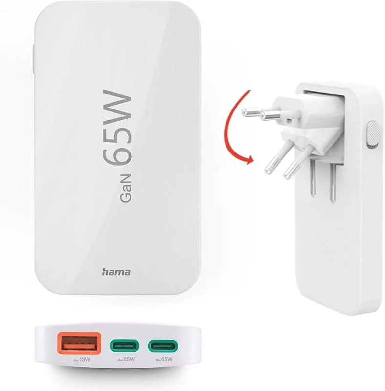 Hama Snabb laddare, 2 USB-C, 1 USB-A, mini platt laddare, PD, 65 W, vit — Mobil och surfplatta