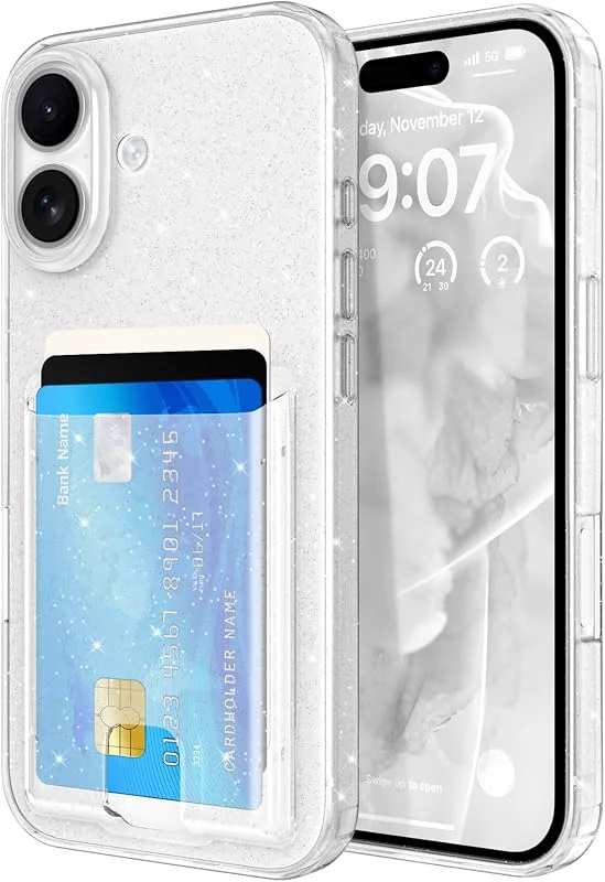 ZCDAYE Klart kortfack fodral för iPhone 16, glittrande bling glitter transparent telefonfodral, glänsande smal passform hållbar skyddande plånbok fodral för iPhone 16 (6, 1 tum), transparent glitter — Mobil och surfplatta