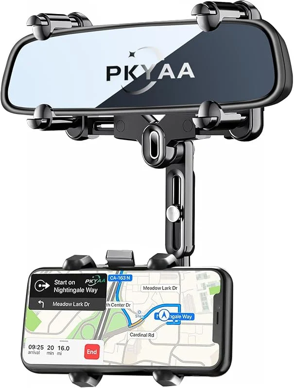 PKYAA backspegel telefonhållare för bil, 360° roterande backfäste med justerbar armlängd, uppgraderad fyra hörn fast anti-skakning multifunktionell design för alla smartphones — Mobil och surfplatta