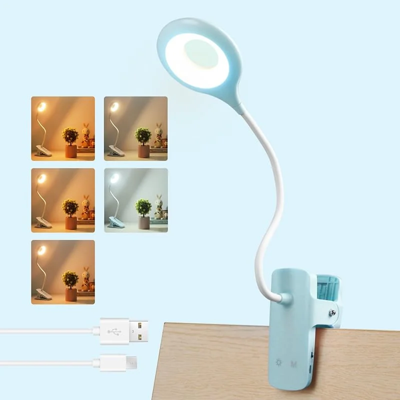 3 W lä blå med batteri, USB-uppladdningsbar, typ C-laddning, 5 färgförändringar och 5 ljusstyrkor, 28 LED-klämlampor utan kabel, sänglampa touch-klämbar, för amning sänglampa — Hushållselektronik