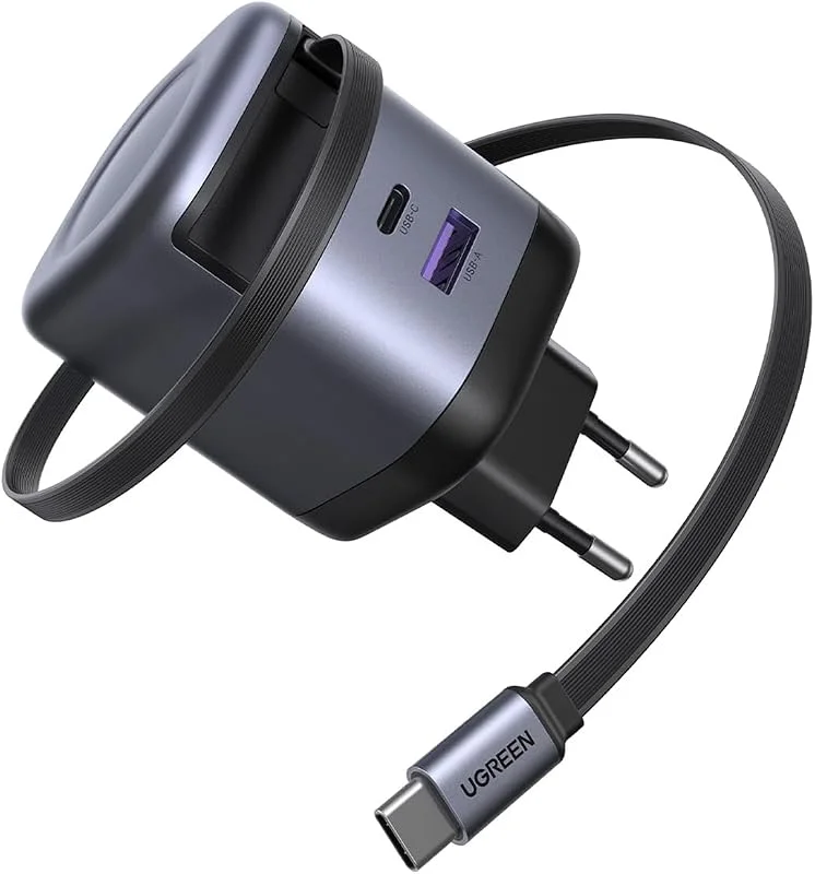 UGREEN Nexode USB-C-laddare 65W, med 69 cm utdragbar kabel, 3 portar — Mobil och surfplatta