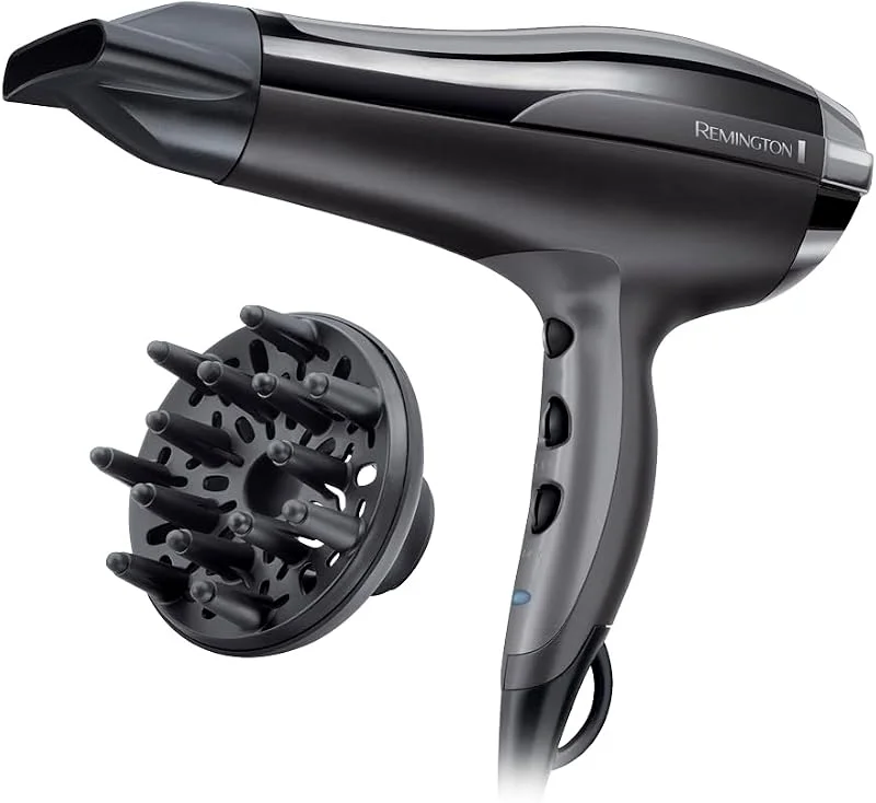 Remington hårfön, 2400W, 3 värme och 2 hastighetsinställningar, koncentrator, diffuser, kalluftsfunktion, jonisering, upphängningsögla, löstagbart bakre galler, D5220 — Hårvård