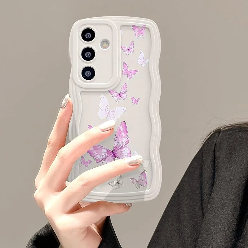 UEEBAI Fodral för Samsung Galaxy A35 5G, söta lockiga vågor ramform silikon mobiltelefonfodral med fjärilsmönster, smal passform mjuk stötfångare skydd skyddsfodral för kvinnor flickor, beige — Mobil och surfplatta