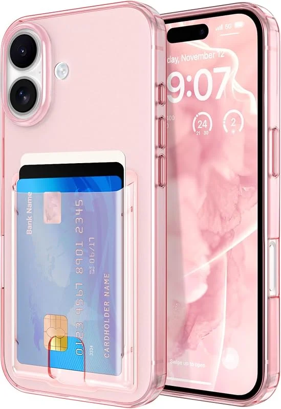 ZCDAYE Klart fodral med korthållare för iPhone 16, rosa — Mobil och surfplatta