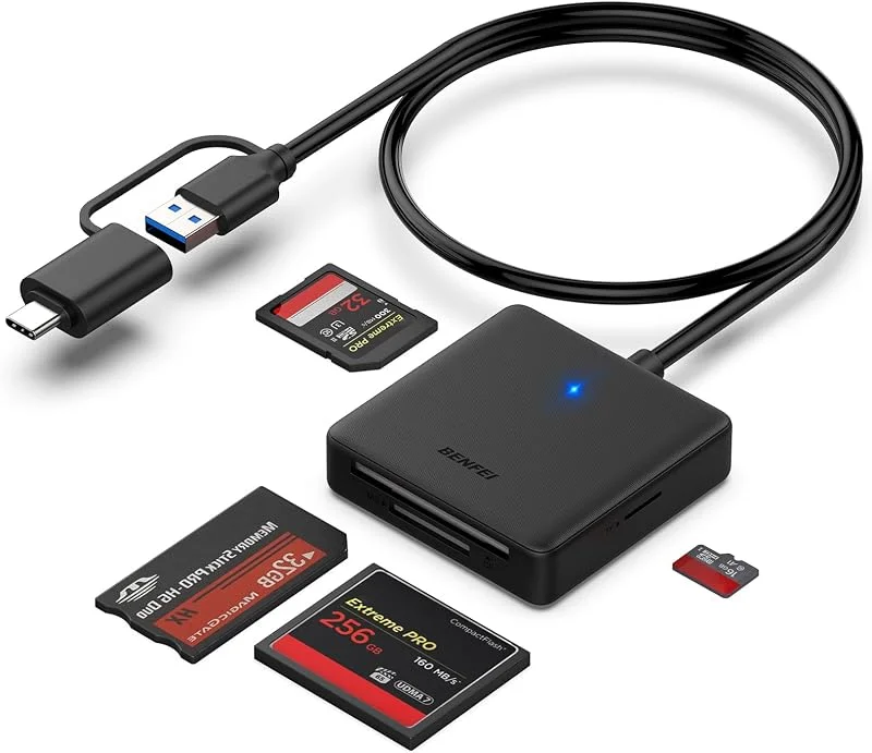 BENFEI Memory Card Reader, 4 in 1 USB 3.0 & USB-C to SD Micro SD MS CF Card Reader Adapter, 4 Cards Simultaneously Read and Write, Compatible with iPhone 15 Series, MacBook Pro, Air 2023 and More — Datortillbehör