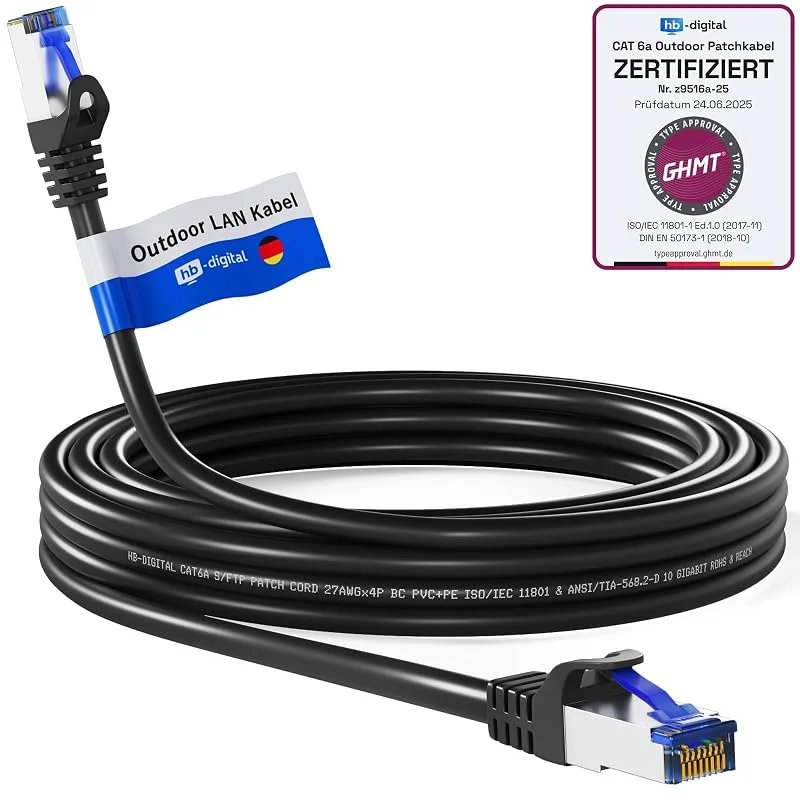hb-digital Cat.6a Outdoor 10m nätverkskabel Cat6a patchkabel för utomhus- och inomhusbruk SORT RJ45-kontakt Ethernet LAN-kabel S, FTP PIMF 500MHz IP66 Damm-, vattenresistent, oljebeständig, UV-skyddad — Laddning och kablar
