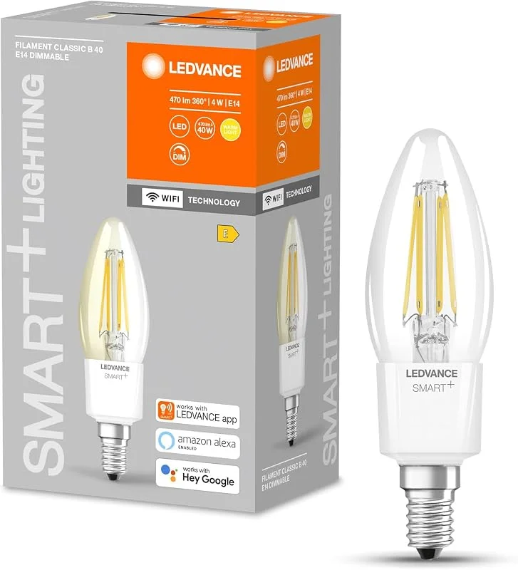 LEDVANCE Smart LED-lampa med Wifi teknik, E14-sockel, dimbar, varmvitt (2700K), ljusform, klar glödtråd, ersättning för konventionella 40W-lampor, kontrollerbar med Alexa, Google & App, . — Smarta hem