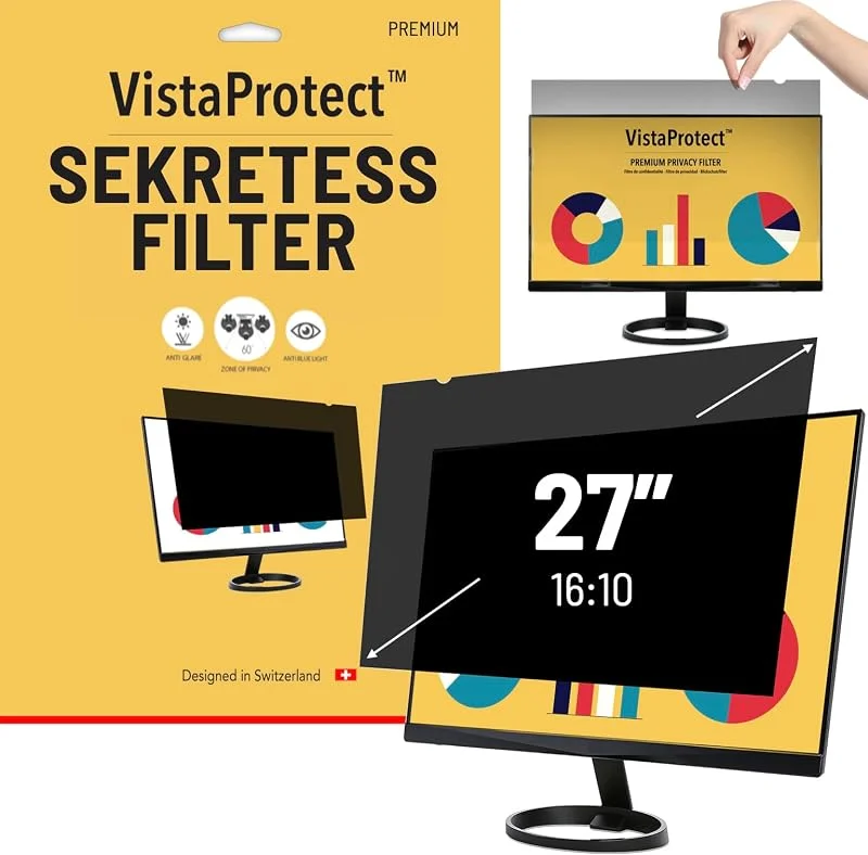 VistaProtect - Premium Sekretessfilter och filter för blått ljus. Privacy Filter. Integritetsfilter för datorskärmar (27" tum - 16:10) — Portabel digital och ljud